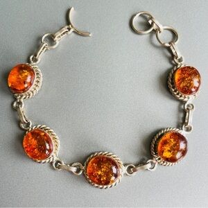 Natural Baltic Honey Amber Gemstone Link Sterling Silver Bracelet Wire D…